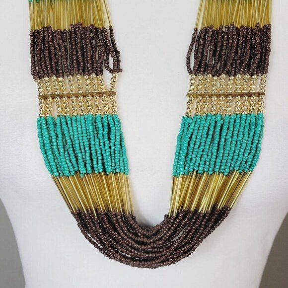 Multi Strand Tiered Seed Bead Necklace Bohemian Gypsy Style Brown Gold Turquoise - Picture 2 of 5